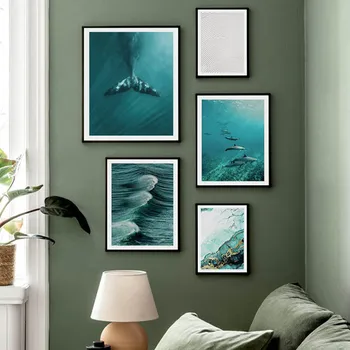 Modro Zeleno Oceanskih Valov Kita Platno Plakat Pogled Iz Zraka Seascape Slikarstvo, Umetnost Tiskanja Krajinske Slike Nordijska Doma Dekoracijo Sten